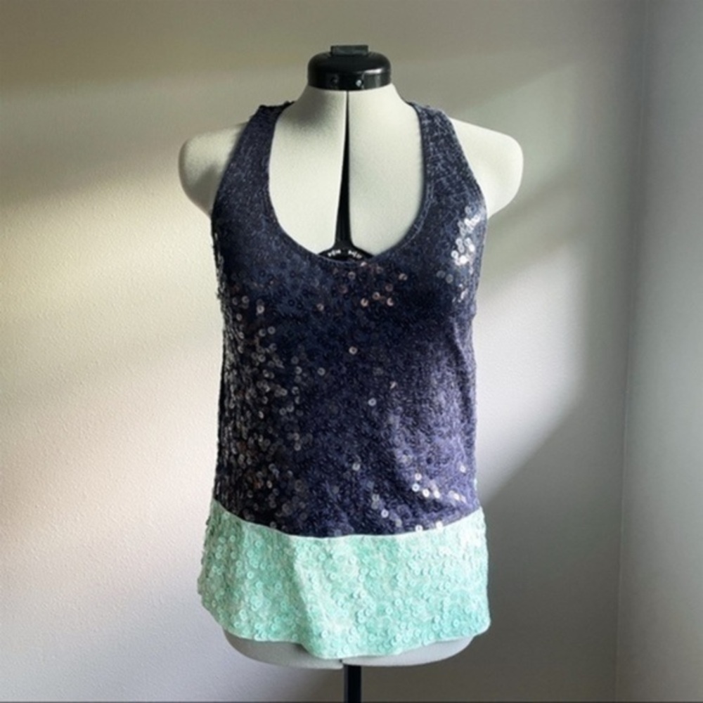 J. Crew Sequin Color Block Tank Top Navy Aqua Sparkle Party Size M